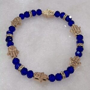 Blue Cobalt Beaded Gold Hand of Fatima (Hamsa) Glass Stretch Bracelet